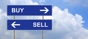 buy and sell on blue road sign with blue sky